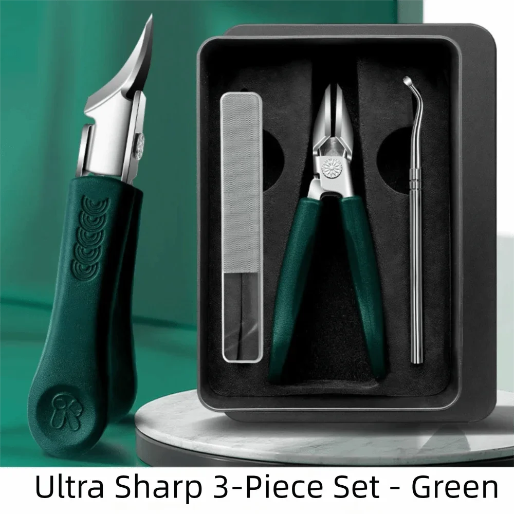 A green 3-piece set of manicure tools including a nail clipper, cuticle nippers, and a metal pick, displayed in a black case.