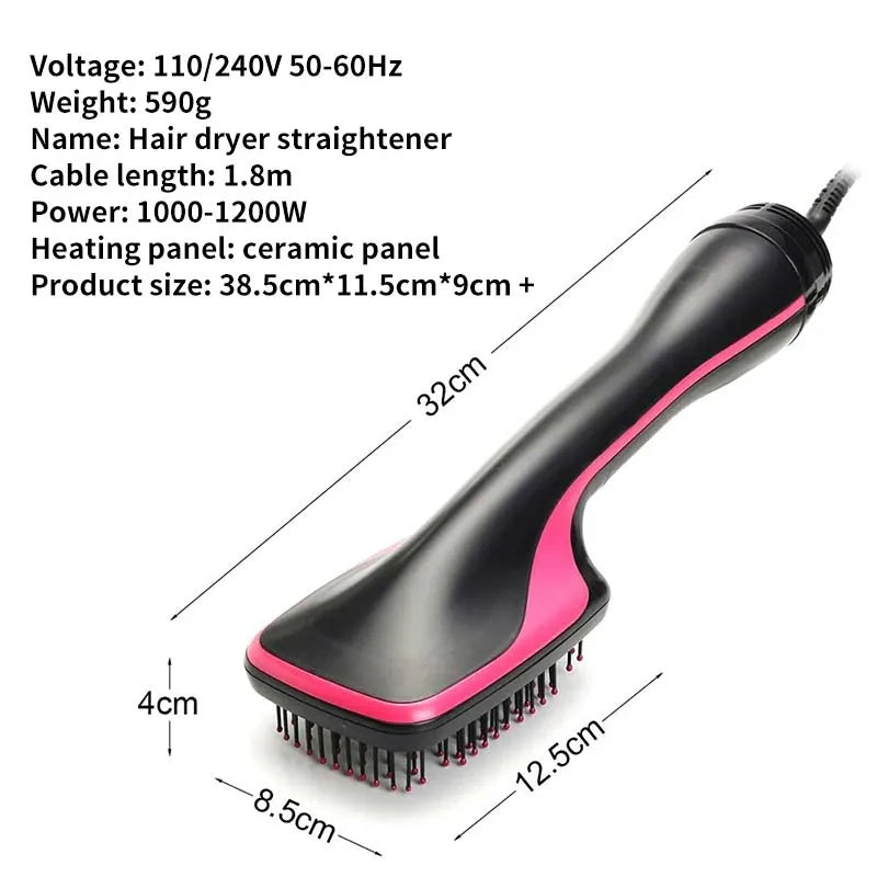 A black and pink ceramic hair dryer straightener tool with a textured brush head shown from the side.