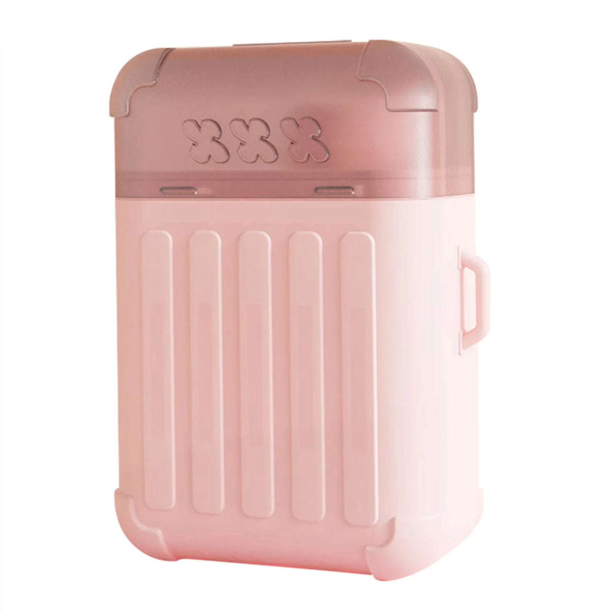 Kit jetable rose pour nettoyer les oreilles, texture côtelée et trois symboles décoratifs sur le dessus.