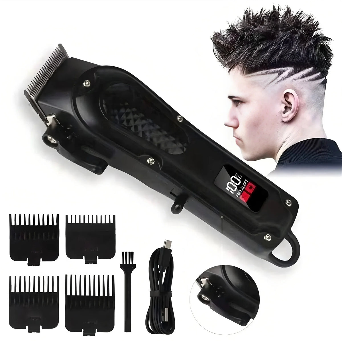 Schwarzer kabelloser, wiederaufladbarer USB-Trimmer für Haare und Bart mit verschiedenen Aufsätzen und einem Modell, das das 