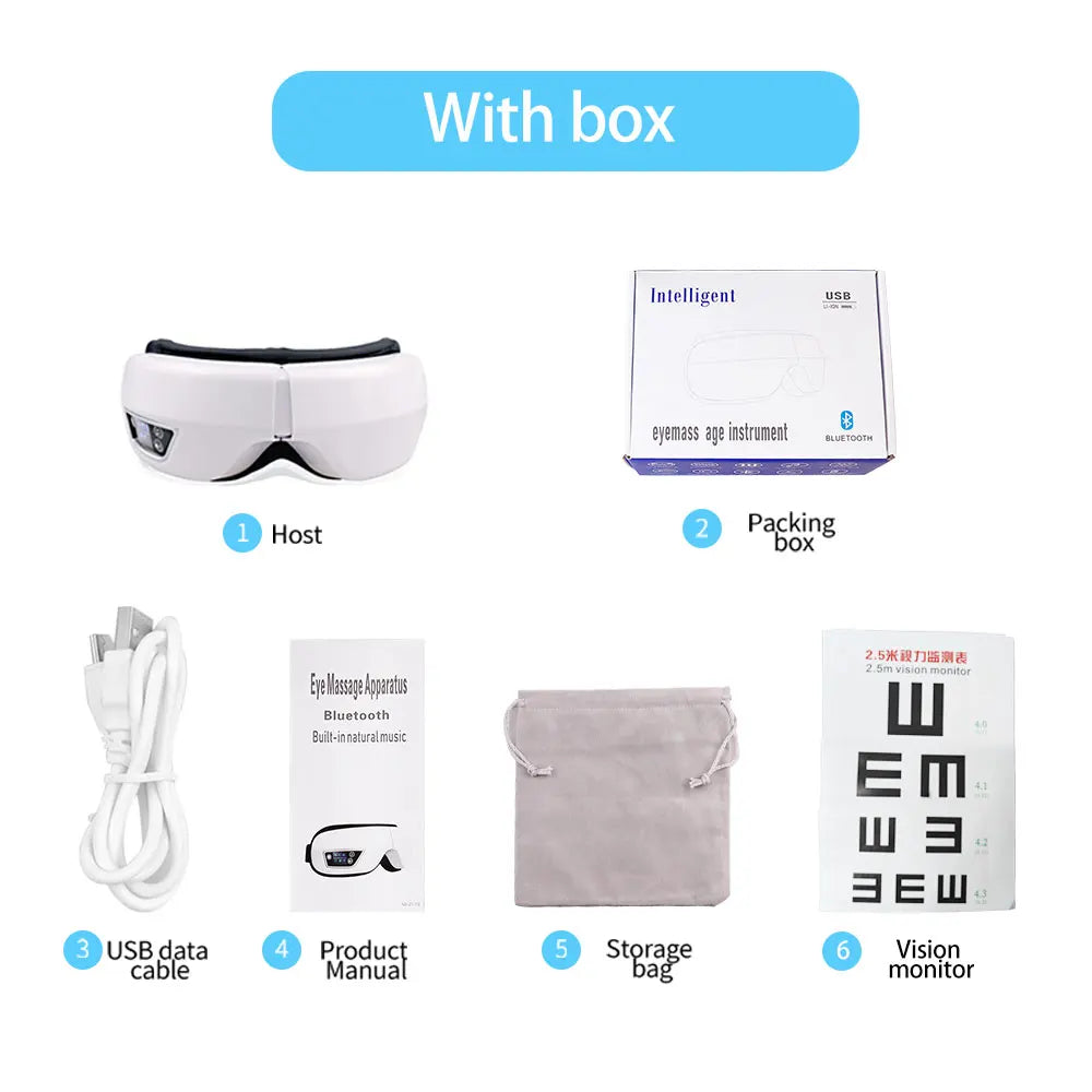 مجموعة من مكونات جهاز تدليك العين الذكي، تشمل الجهاز الرئيسي، وعلبة التعبئة، وكابل USB، ودليل المستخدم، وحقيبة التخزين، و...