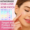 A hand applies a pink star acne patch to the skin of a woman, demonstrating targeted skincare.