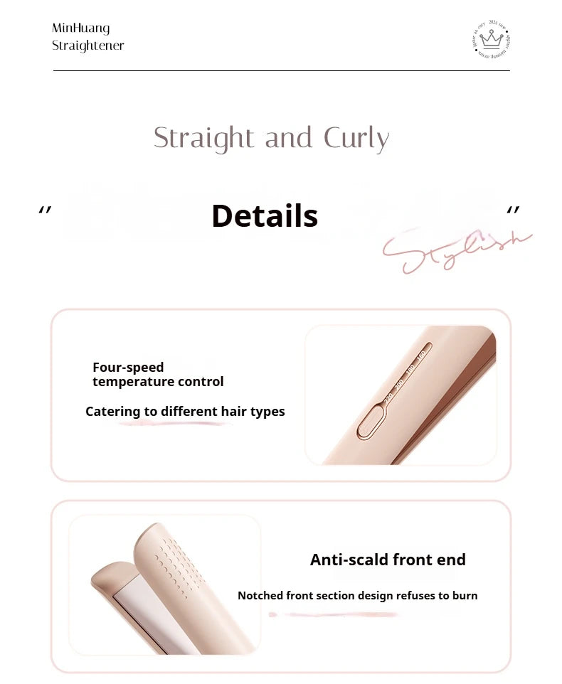 A close-up view of a pink ceramic hair straightener and curler with an anti-scald front end design.