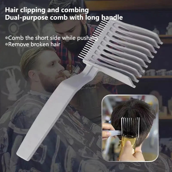 A white dual-purpose comb with a long handle being used by a man to comb hair.