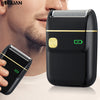 A black portable electric shaver with a gold accent is shown next to a man's face.