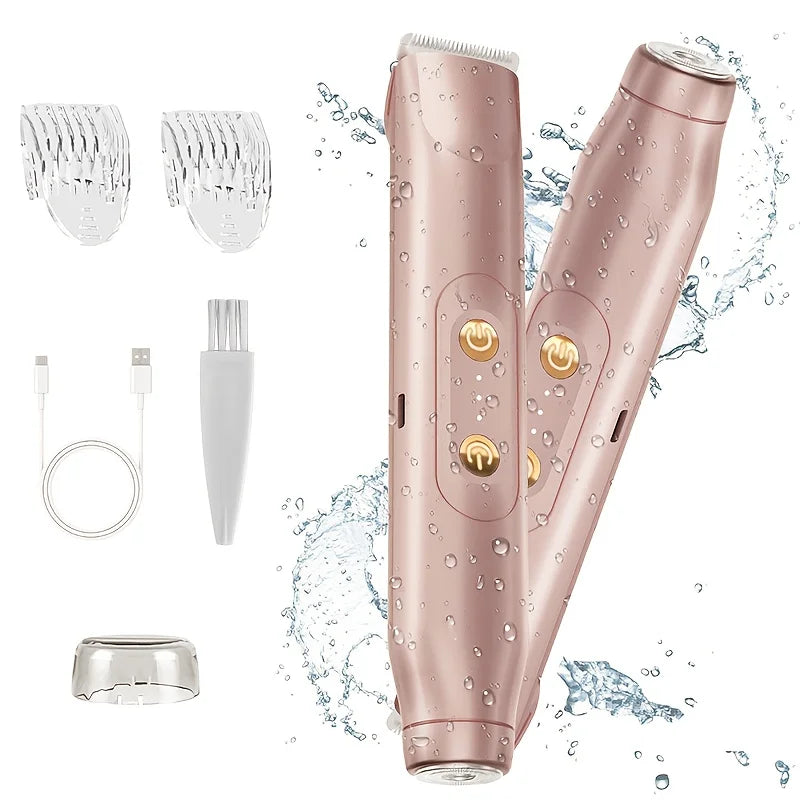 A pink portable electric shaver epilator with various attachments shown against a water splash background.