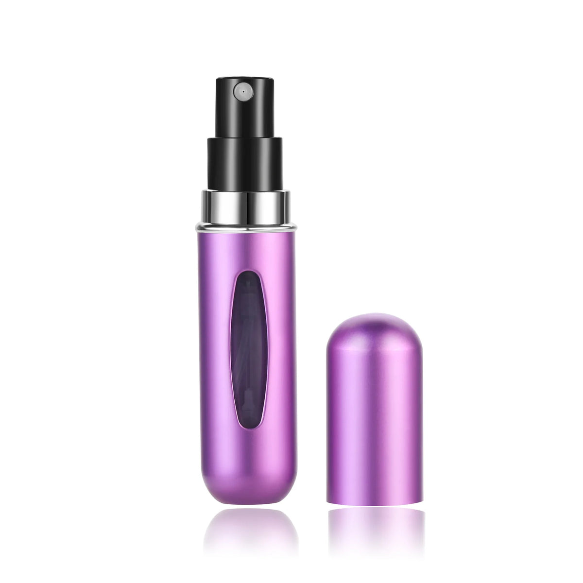 A silver and purple portable mini perfume refill spray bottle with a black cap and a separate purple glass bottle.