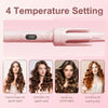 A pink professional rotating curling iron with a digital temperature setting display and four hair types listed below.