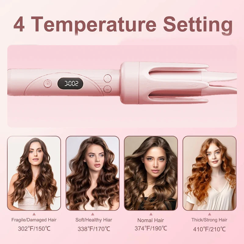 A pink professional rotating curling iron with a digital temperature setting display and four hair types listed below.