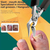 A pair of heavy-duty stainless steel nail clippers is shown gripping a person's finger, demonstrating its use for trimming na