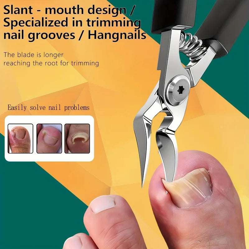 A pair of heavy-duty stainless steel nail clippers is shown gripping a person's finger, demonstrating its use for trimming na