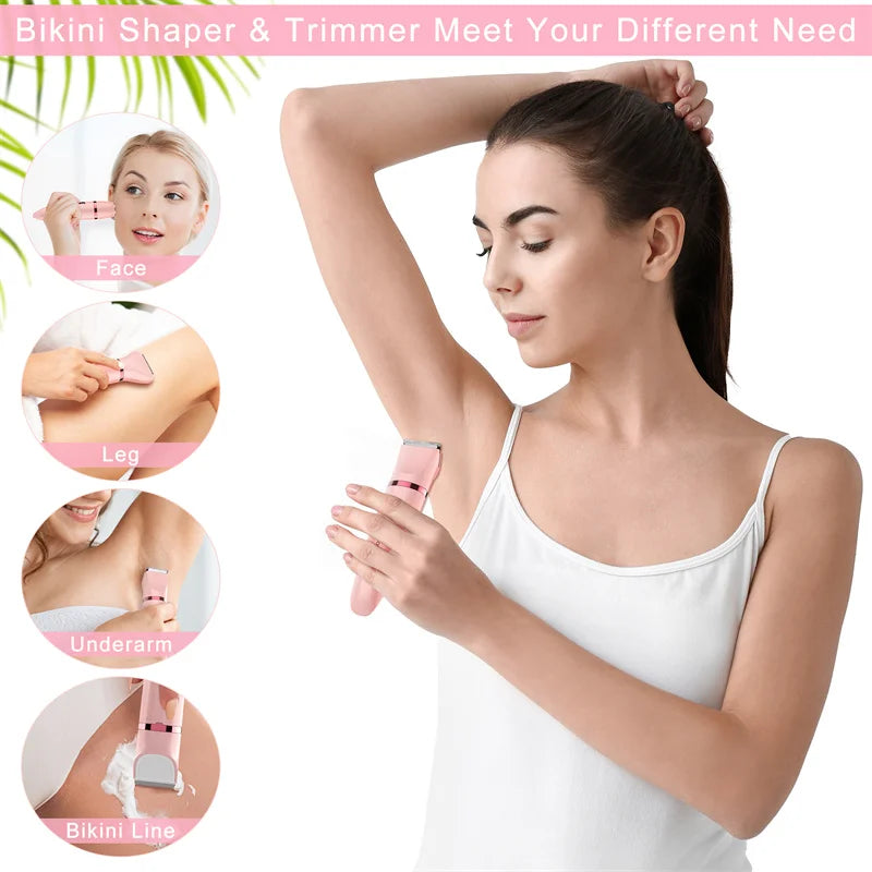 A kit of bikini shaper and trimmer tools for face, leg, underarm, and bikini line grooming.
