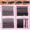 Un set d'outils professionnels pour extensions de cils, comprenant plusieurs paires de faux cils noirs et des pinces.