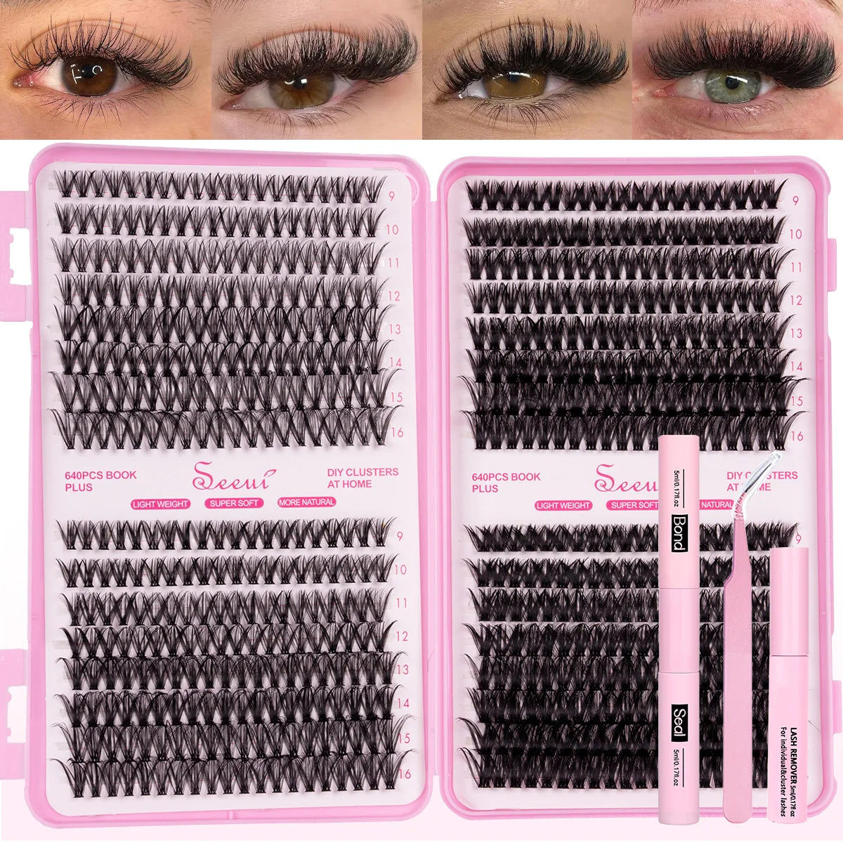 Un set d'outils professionnels pour extensions de cils, comprenant plusieurs paires de faux cils noirs et des pinces.