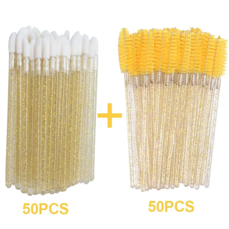 A set of 50 disposable eyelash and eyebrow brushes, featuring white and yellow bristles.