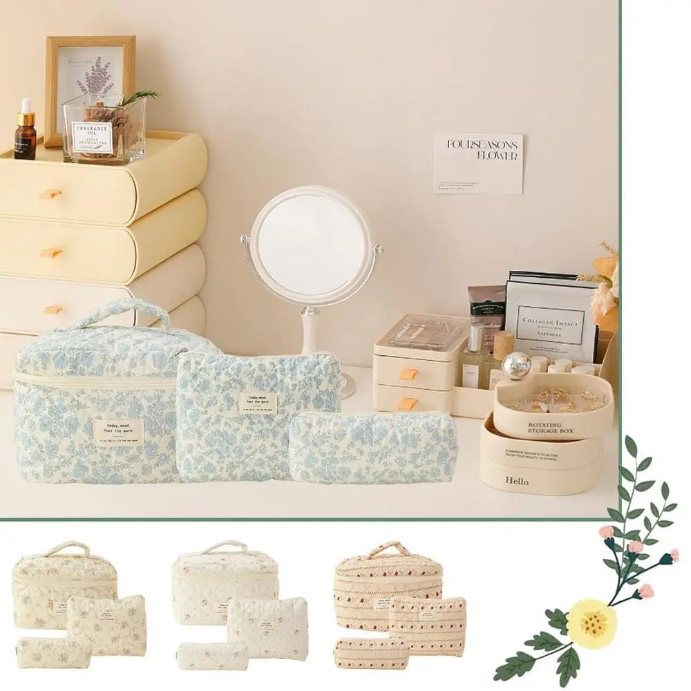 A collection of quilted cotton makeup bags in light blue and beige tones displayed on a wooden surface.