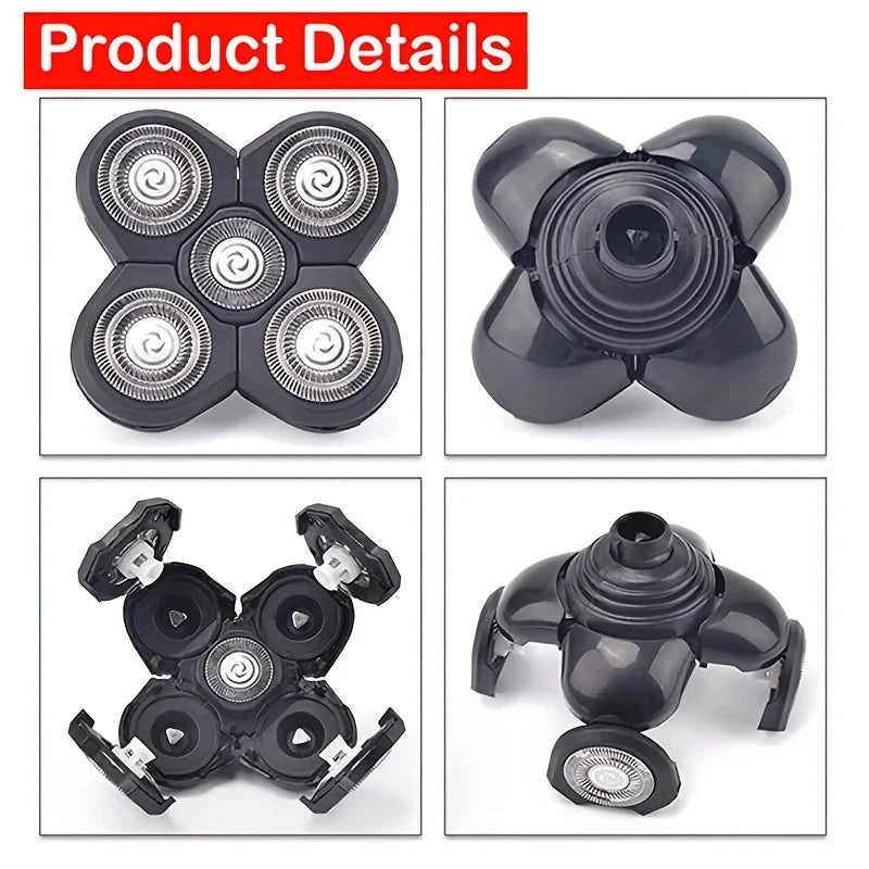 A set of universal replacement shaver heads in black, showing various configurations and angles.