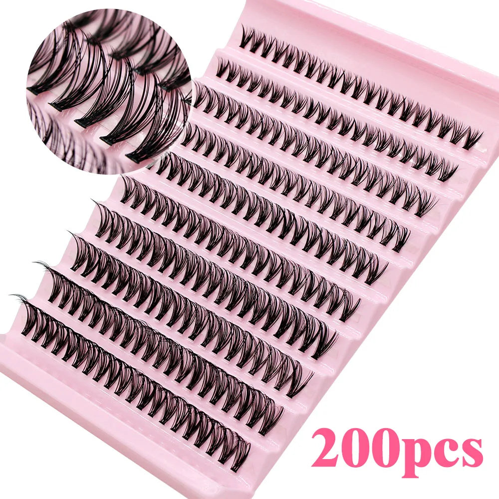 A pink plastic tray containing 200 pairs of black cluster lashes for DIY volume extensions.