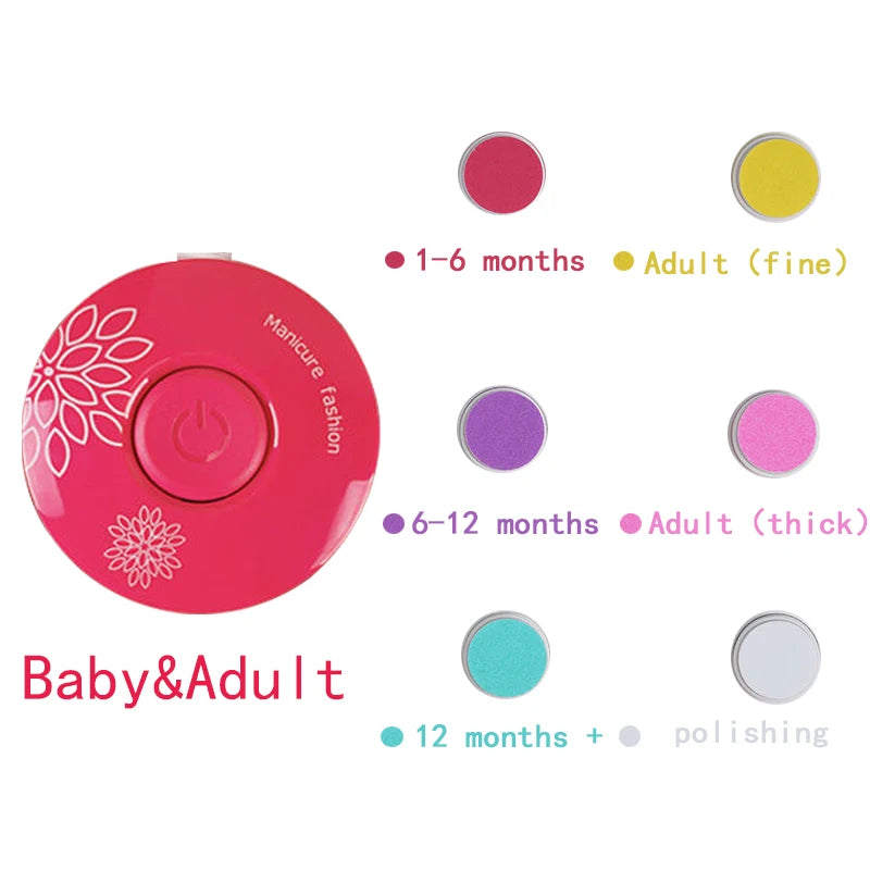 A pink electric baby nail trimmer with various colored tips for different age groups and polishing.