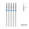Five silver diamond nail drill bits with blue accents shown next to a scale.