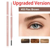 Gros plan d'un crayon à sourcils fin de couleur brun lin avec plusieurs nuances.