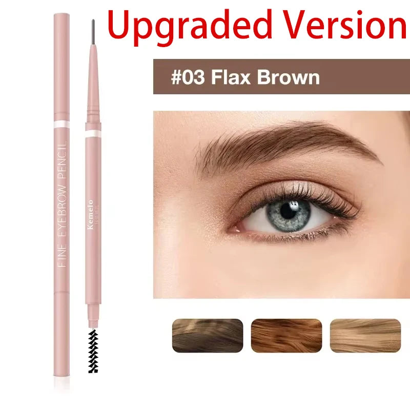 Gros plan d'un crayon à sourcils fin de couleur brun lin avec plusieurs nuances.