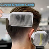 A close-up of a white curved gradient comb being used on a person's haircut.