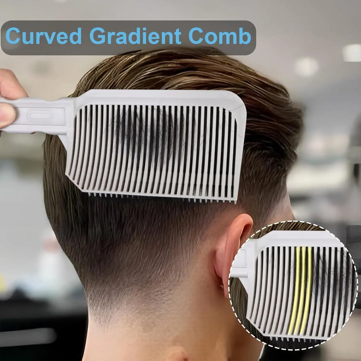 A close-up of a white curved gradient comb being used on a person's haircut.