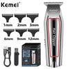 A set of Kemei electric hair clippers in various sizes, including 1mm to 12mm, shown next to the main unit box.