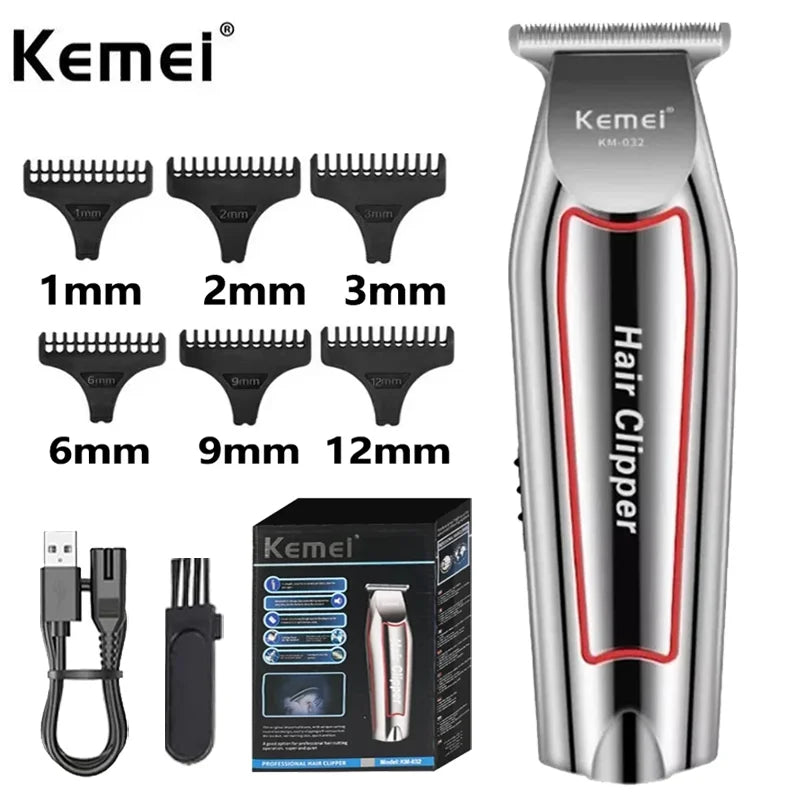 A set of Kemei electric hair clippers in various sizes, including 1mm to 12mm, shown next to the main unit box.