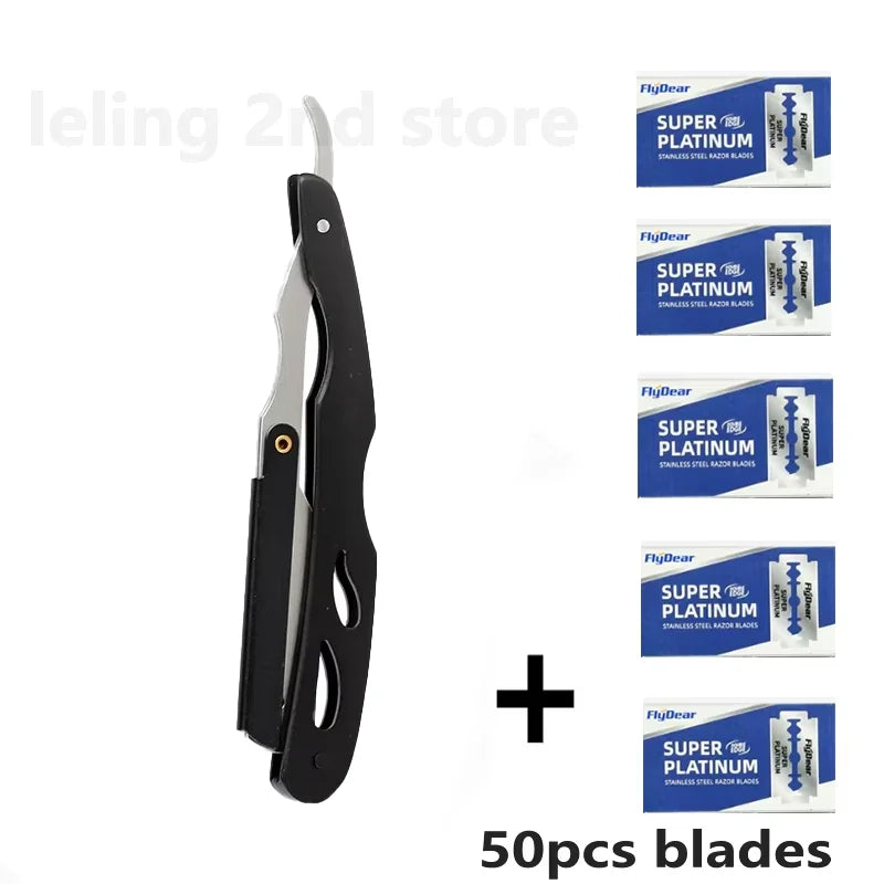 A set of 50 stainless steel razor blades for a professional straight edge barber razor.