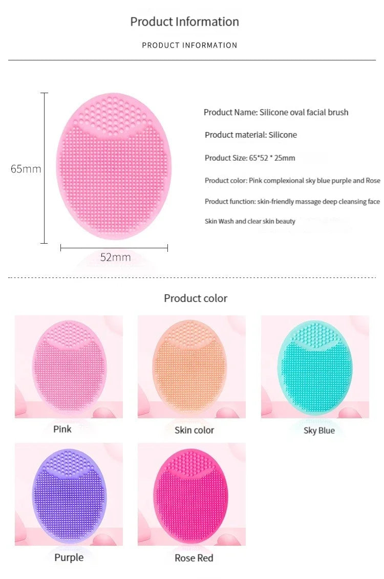 Various colors of silicone oval facial brushes including pink, sky blue, purple, and rose red.