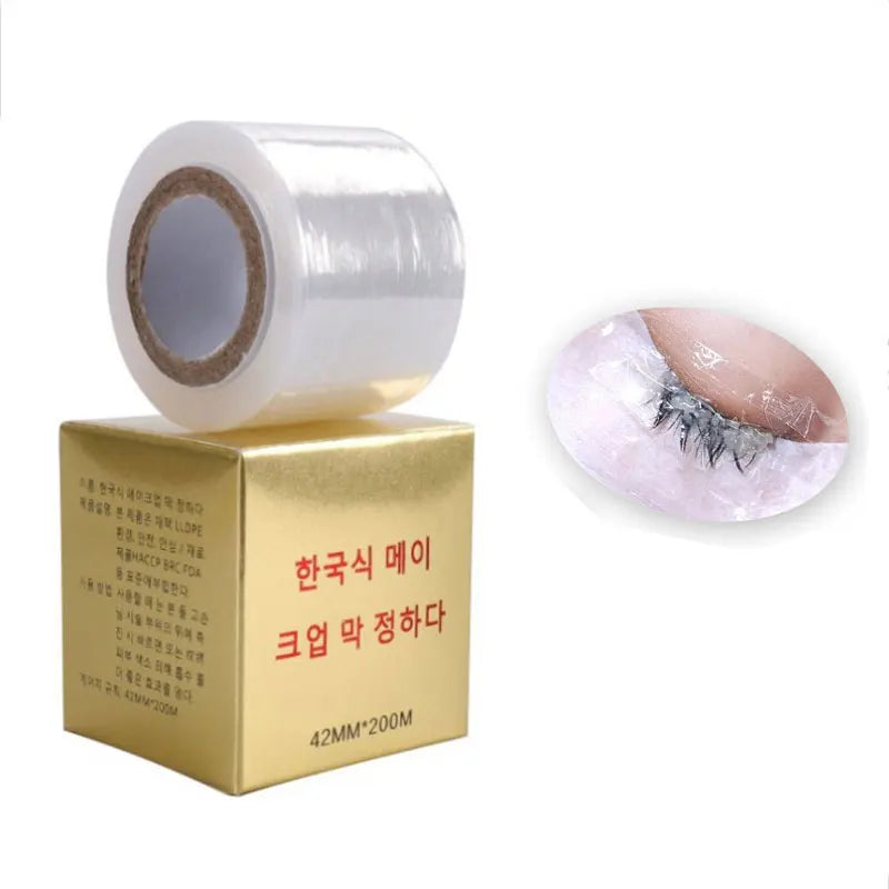 Roll of clear protective film for lash and brow artistry with a box displaying Korean beauty text