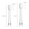 A clear replacement toothbrush head with bristles and a plastic handle shown next to its dimensions.