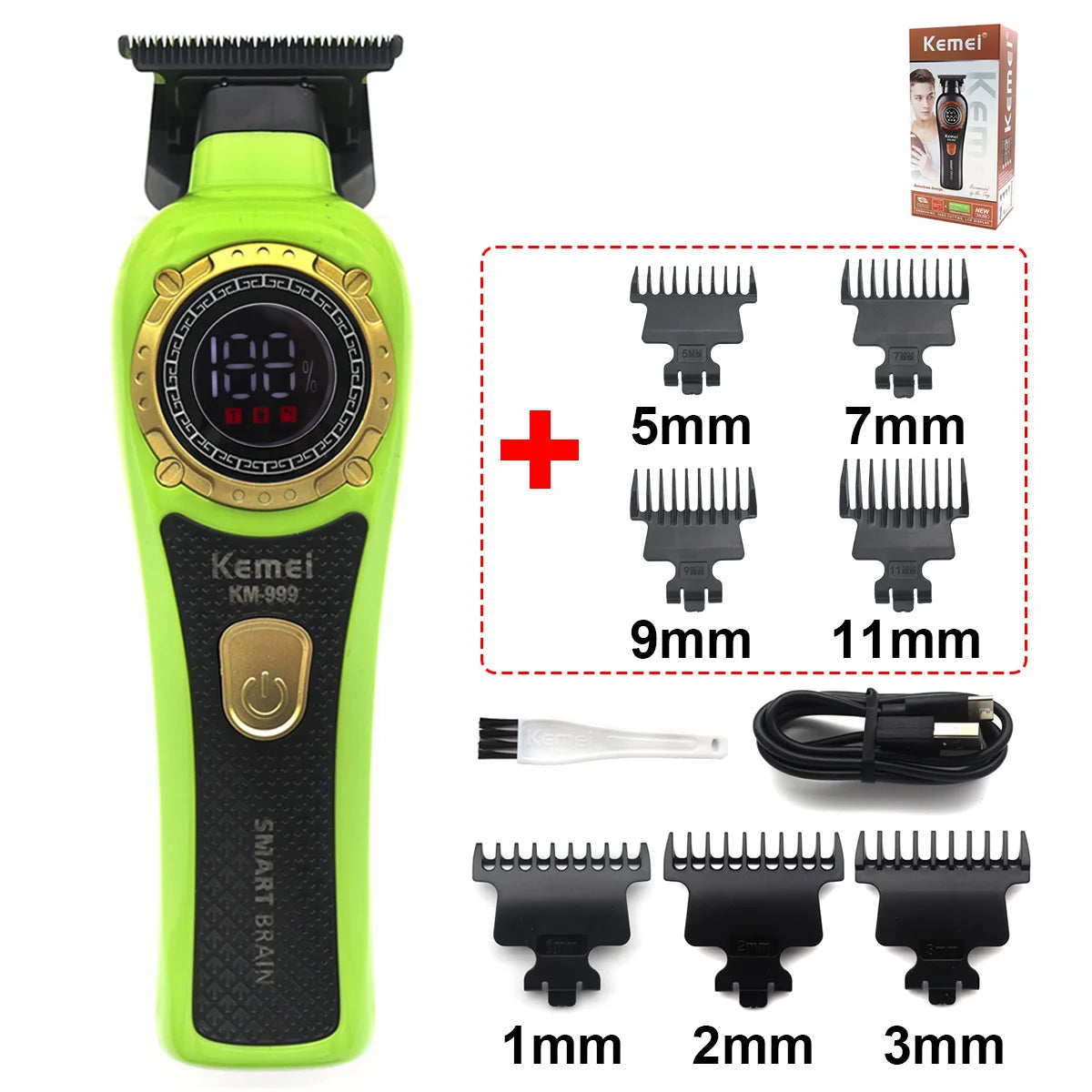A lime green cordless smart brain hair trimmer with various interchangeable cutting combs and a charging cable.
