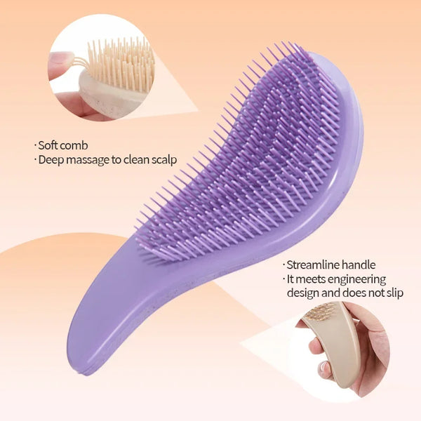 A purple detangling scalp massage hairbrush with a soft comb is shown, highlighting its smooth handle design.