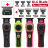 A set of Kemei DLC blades and three versions of the KEM-990 trimmer in black, lime green, and pink.