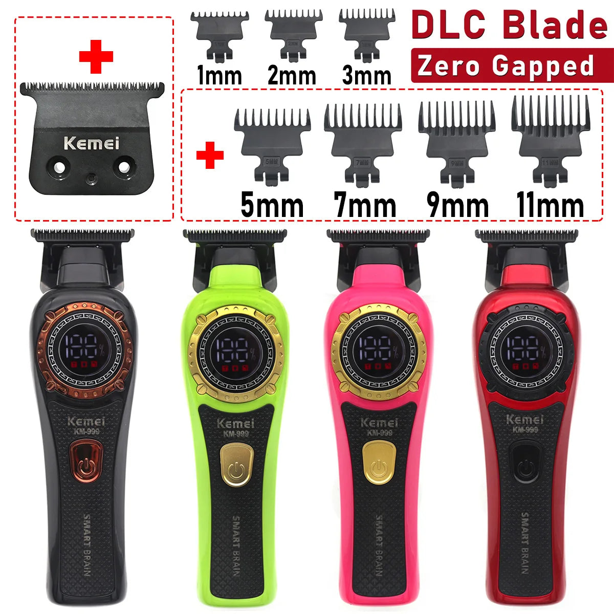 A set of Kemei DLC blades and three versions of the KEM-990 trimmer in black, lime green, and pink.