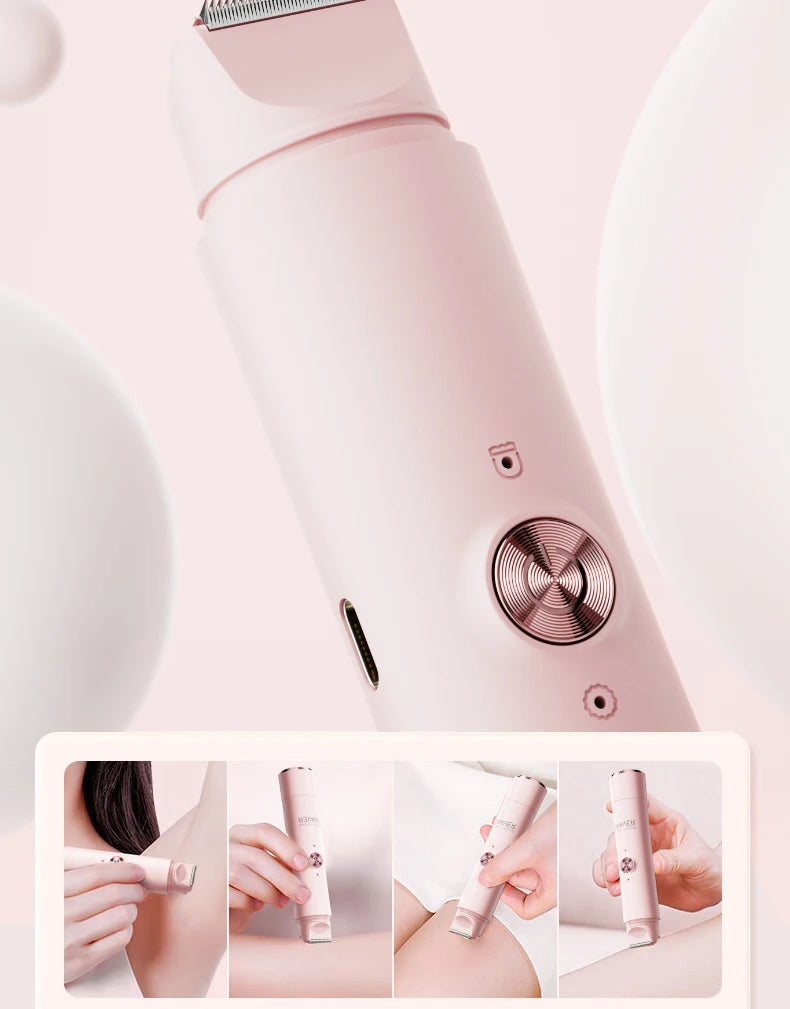 A pink double-head electric epilator device shown in a close-up view with surrounding white objects.