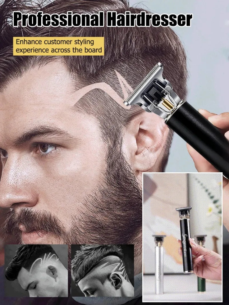 A professional rechargeable hair clipper is shown being used on a man's beard and haircut.