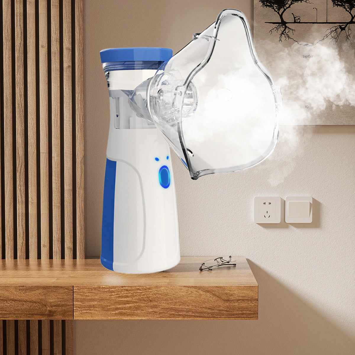 A white and blue 2-in-1 facial steamer and humidifier is displayed on a wooden shelf.