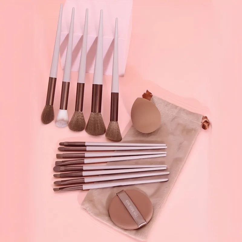 A collection of 15 makeup brushes, including various sizes and styles, displayed on a pink background.