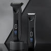 A black 2-in-1 body grooming hair trimmer and epilator device shown standing on a dark surface.