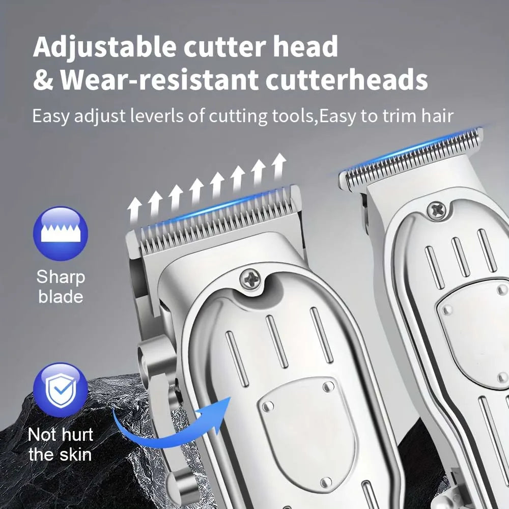 Close-up of adjustable and wear-resistant cutter heads for a professional cordless hair clipper set.