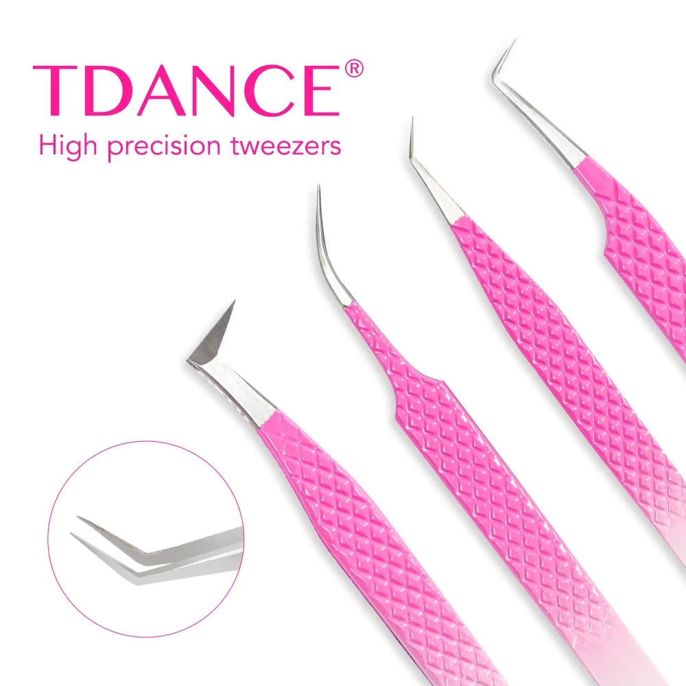 Un ensemble de pinces TDANCE rose et argent pour extensions de cils.