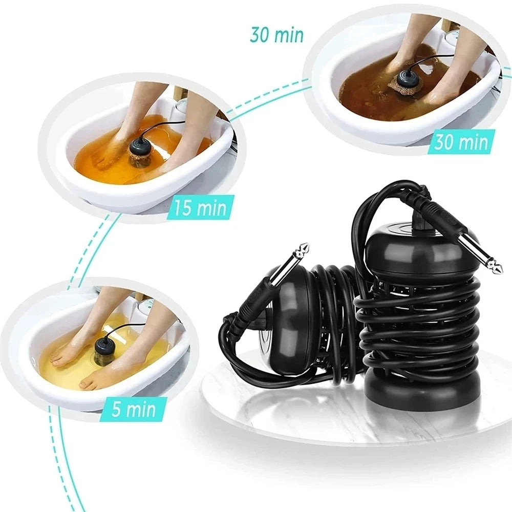 Ionic detox foot spa massager device shown with usage times for foot treatment.
