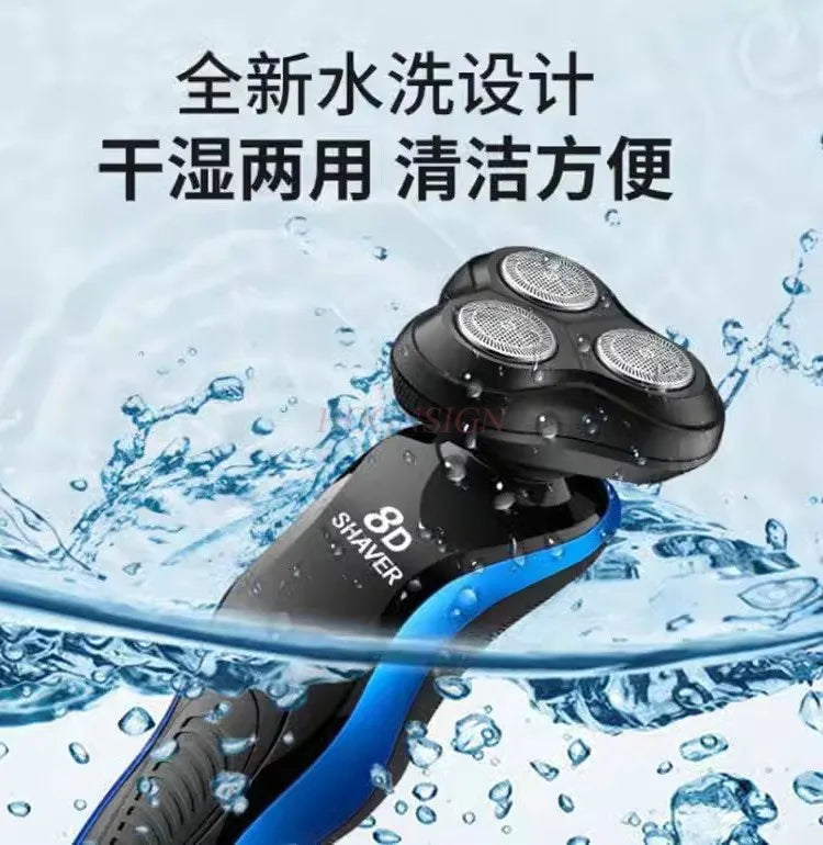 A black electric shaver submerged in clear water, demonstrating its waterproof design.
