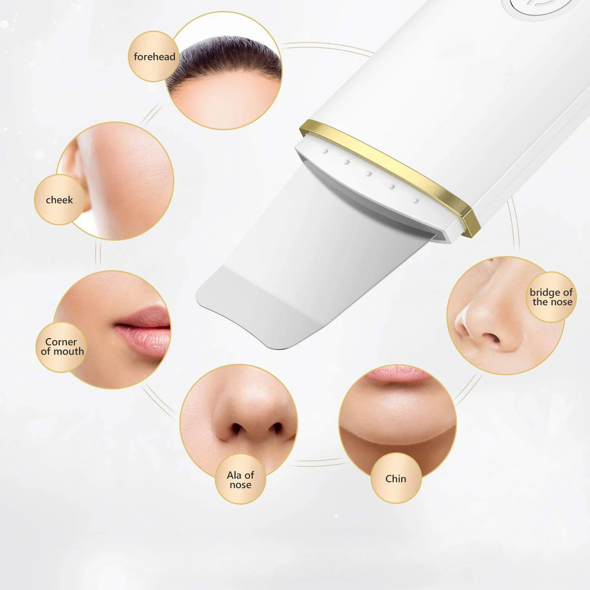 A white ion technology deep pore cleansing device shown with various facial areas highlighted for use.