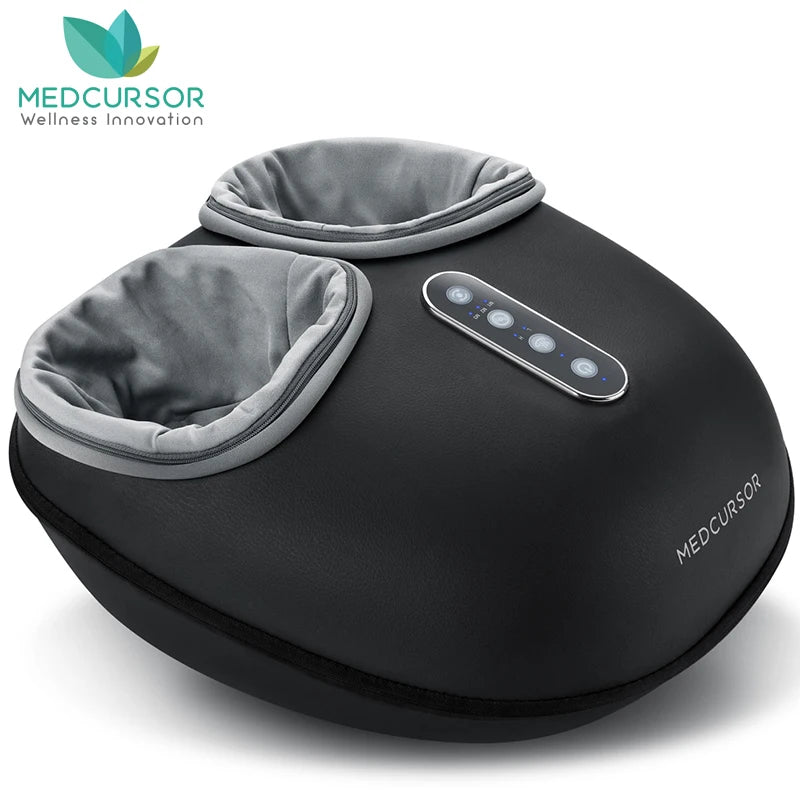 A black shiatsu foot massager with heat roller is shown on a white background.