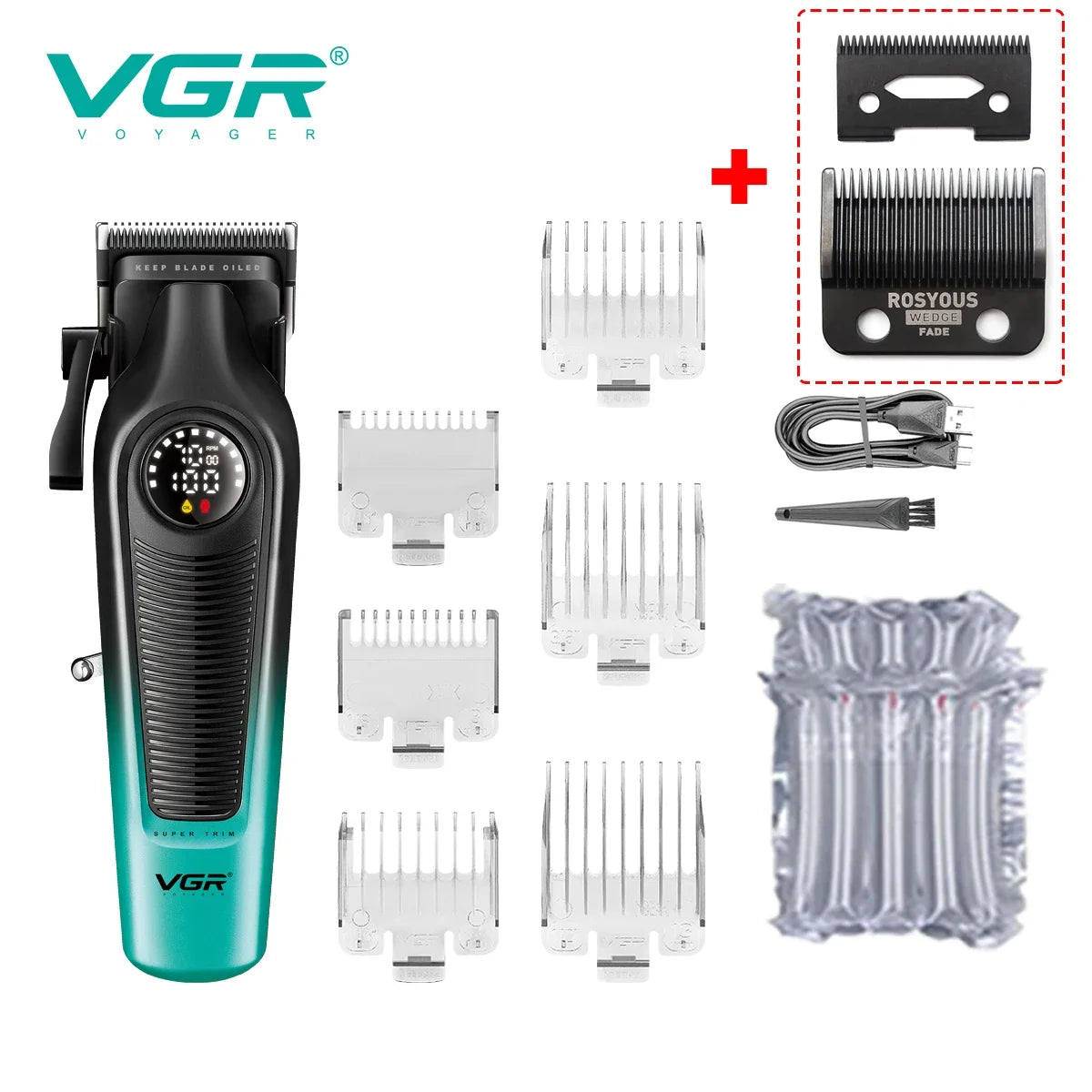 A VGR Voyager professional cordless hair clipper in teal and black with various replacement blades and accessories.